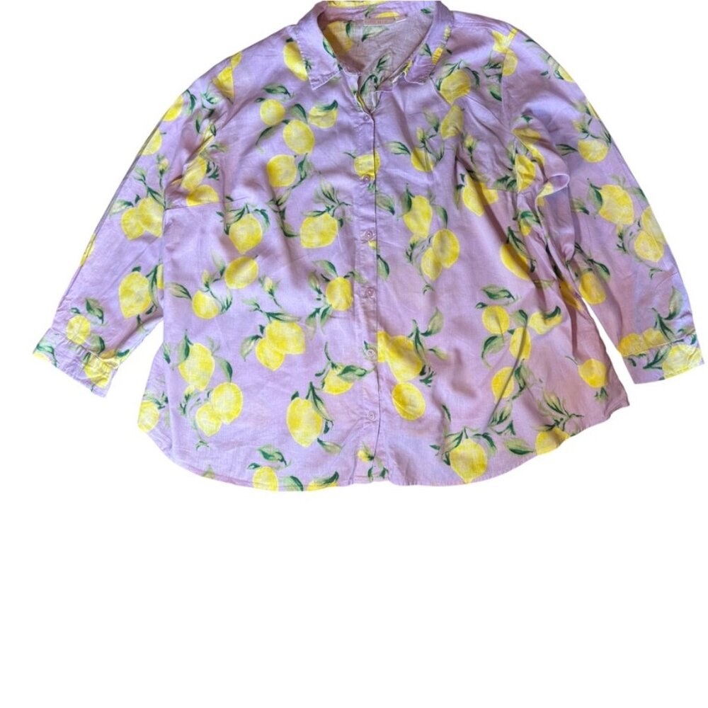 Lemon Print Linen Blend Blouse 3X Purple Citrus Summer Top EUC Belle Kim Gravel
